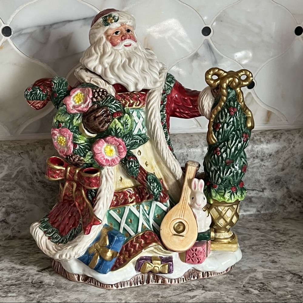 Fitz and Floyd Santa Claus Teapot Father Christmas Decoration w/ Teddy Bear Doll